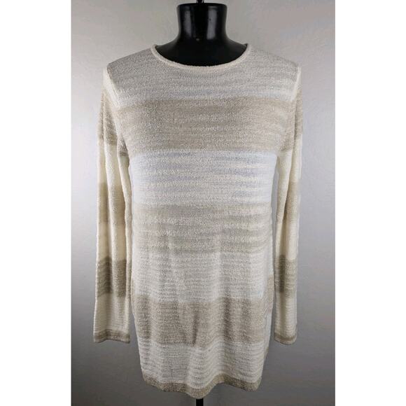 Calvin Klein Long Sleeve Chiffon Back Nubby Sweater cream beige stripe - Picture 2 of 7